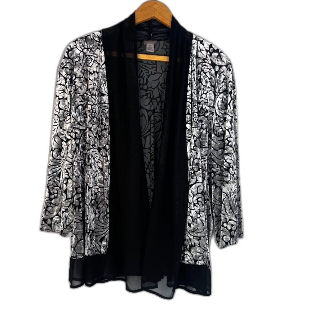 Chicos Easywear Silver Velvet Open Front‎ Cardigan Dressy Cocktail Size 2-12/14